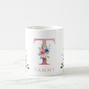 Aquarelle Monogramme Floral Lettre T Café Mug