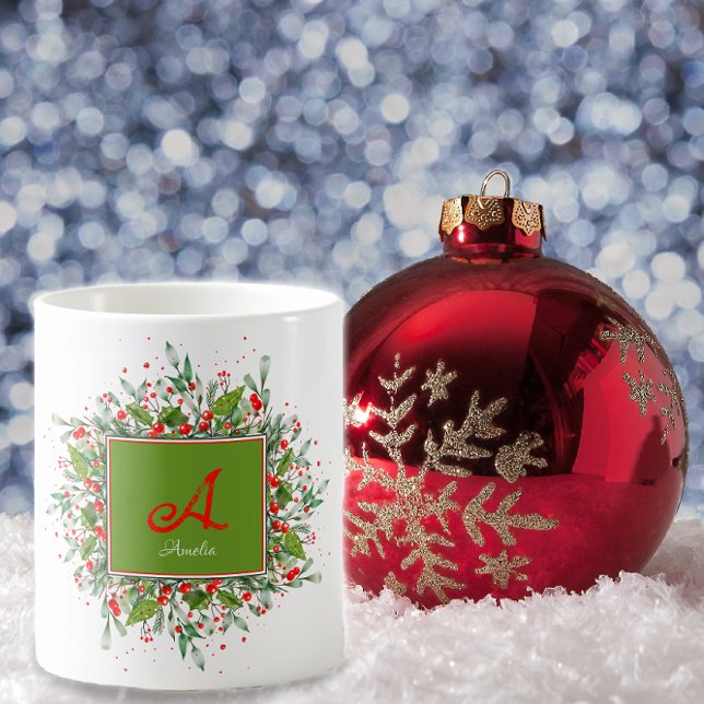 Aquarelle monogramme Rouge Café de Noël Mug (Créateur téléchargé)