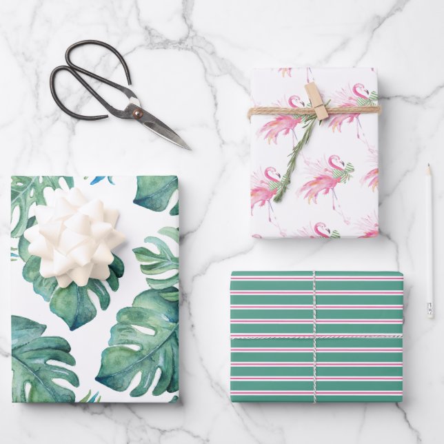 Aquarelle Monstera Feuilles et Flamants roses rose (Recto)