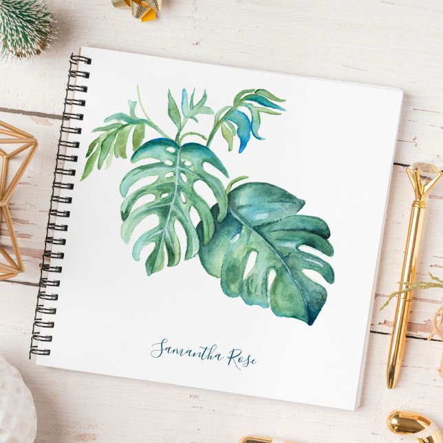 Aquarelle Monstera Green Journal personnalisé (Personalized Notebook watercolor monstera palm leaf art by Victoria Grigaliunas)