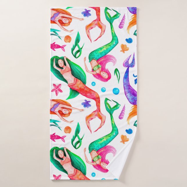 Aquarelle motif sans soudure avec sirènes, coquill (Serviette de bain)
