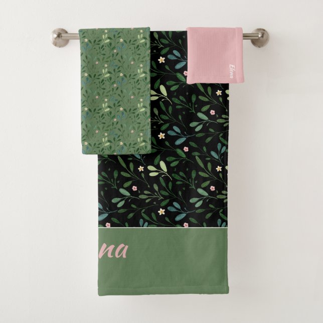 Aquarelle motif vert nom feuille rose serviette de (En situation)