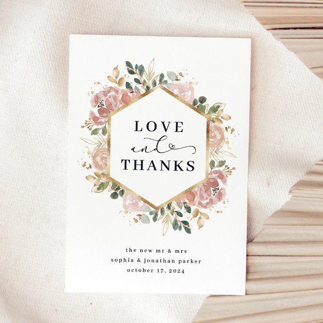 Aquarelle neutre florale | Amour et Merci (An elegant wedding thank you card with faux gold accents, and your photo on the back)