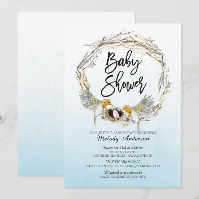 Aquarelle Nid Filles Invitation Baby shower (Devant / Derrière)