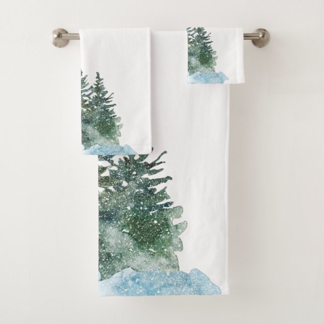 Aquarelle Noël Arbres neige Coton blanc (En situation)