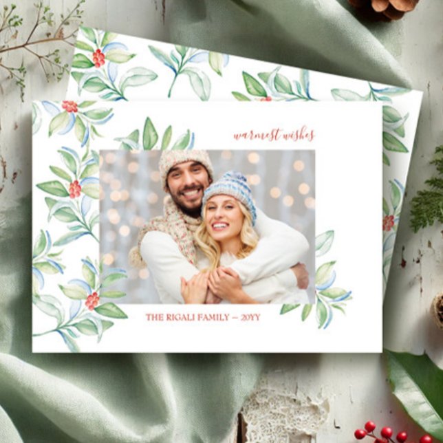 Aquarelle Noël Carte photo de verdure (Photo Christmas cards watercolor red and green botanical art by Victoria Grigaliunas VG Invites)