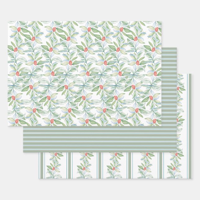 Aquarelle Noël Feuilles botaniques et baies (Lot)