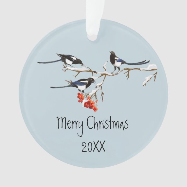 Aquarelle Noël Holly Magpie Oiseau Nature Art (devant)