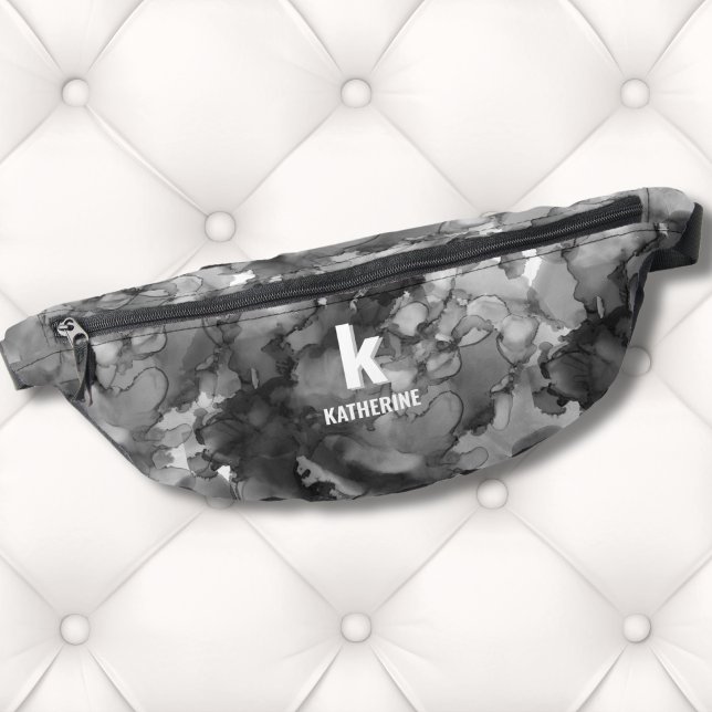 Aquarelle noire blanche Monogramme initial (Cute Monogram Initial Name Black White Watercolor Fanny Pack )