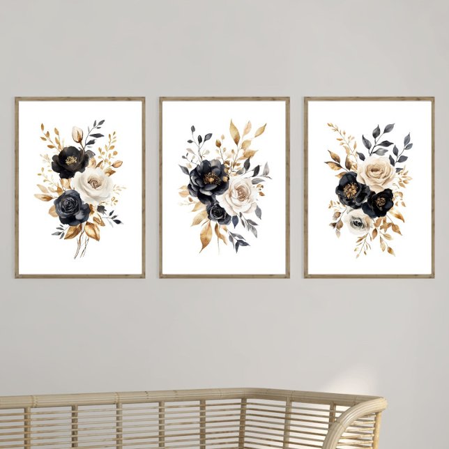 Aquarelle noire Elégante Florales d'or noir (Black Gold and white watercolor florals Wall art set of 2 or 3 poster prints. Can be framed)