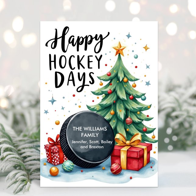 Aquarelle Nom de famille Carte de Noël de hockey (Hockey Christmas Card)