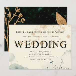 Aquarelle or et Roses verts Faire-part de mariage