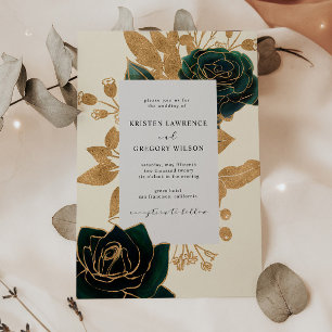 Aquarelle or et Roses verts Faire-part de mariage