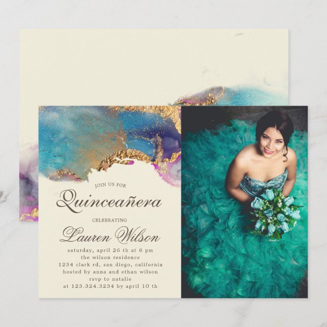 aquarelle or faux Quinceanera Photo Invitation (Devant / Derrière)