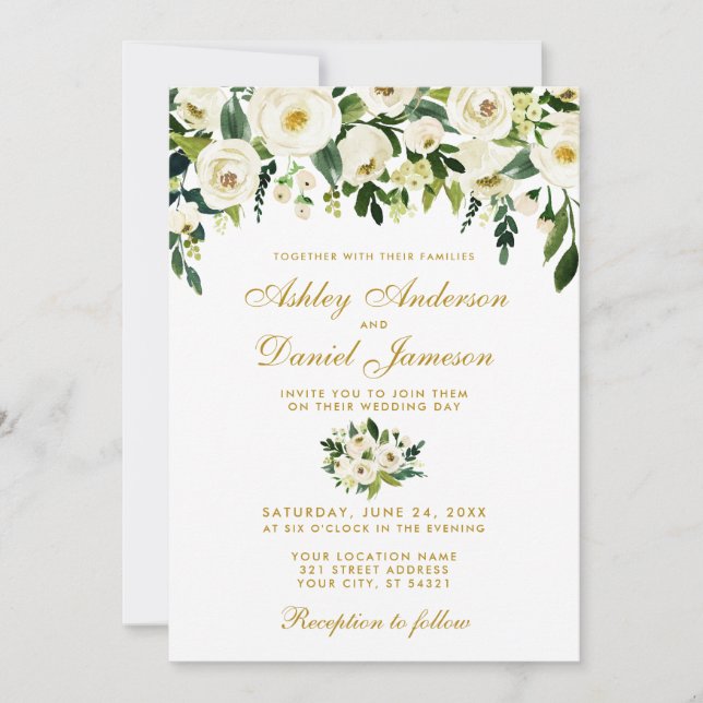 Aquarelle or Floral Faire-part de mariage vert (Devant)