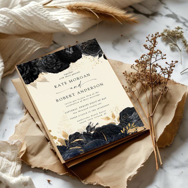 Aquarelle or noir Roses Faire-part de mariage (Créateur téléchargé)