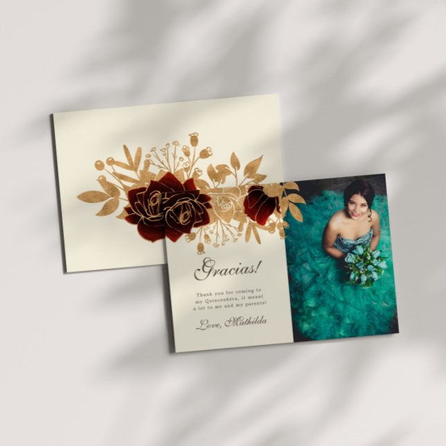 Aquarelle or Roses Quinceanera Carte de remercieme (Créateur téléchargé)