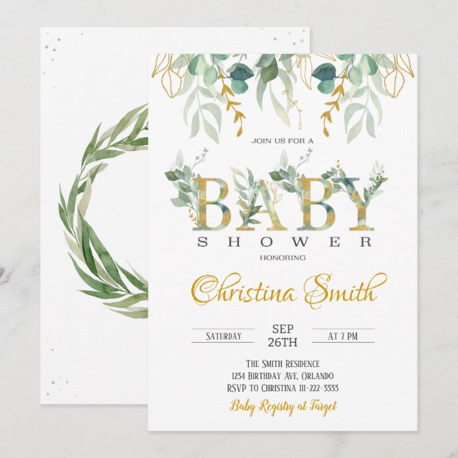 Aquarelle or vert Baby shower Invitation (Devant / Derrière)
