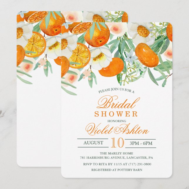 Aquarelle Orange Floral Douche nuptiale Invitation (Devant / Derrière)
