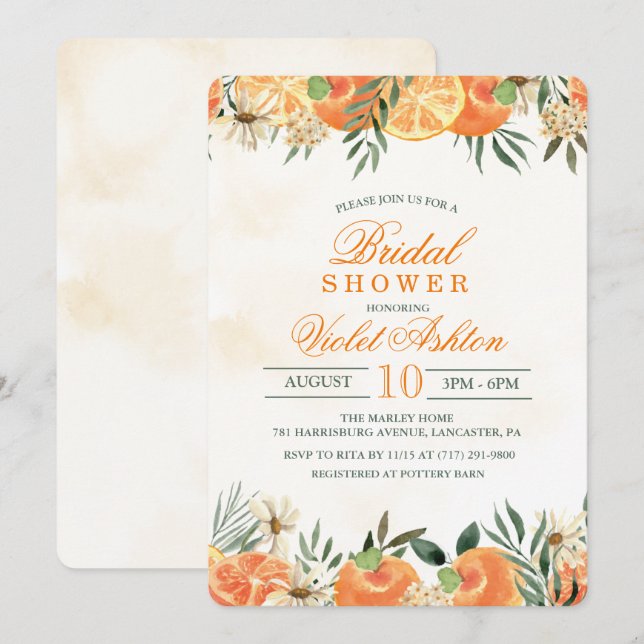 Aquarelle Orange Floral Douche nuptiale Invitation (Devant / Derrière)