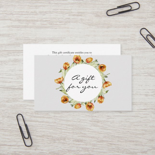 Aquarelle orange tulipes couronne carte cadeau (Devant/Arrière en situation)