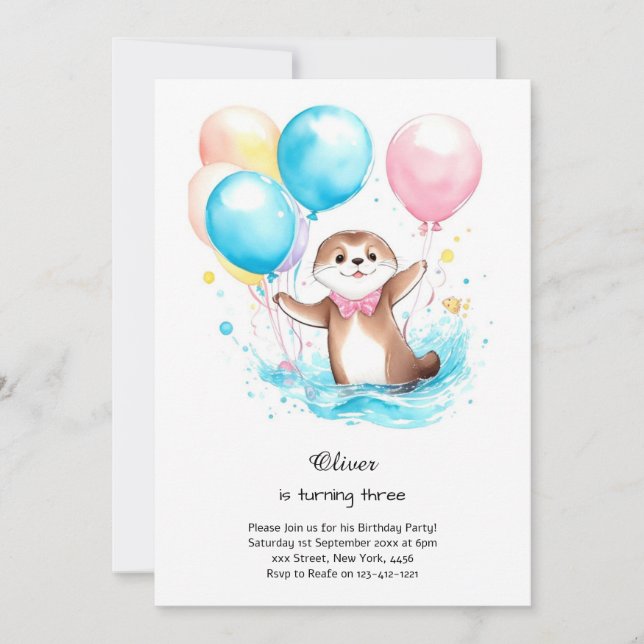Aquarelle Otter Invitation Anniversaire (Devant)