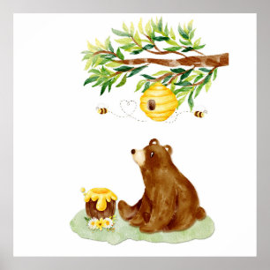 Aquarelle Ours Brun et Rucher Décoration Murale