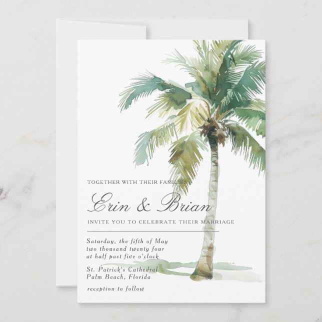 Aquarelle Palm Tree Faire-part de mariage peint (Devant)