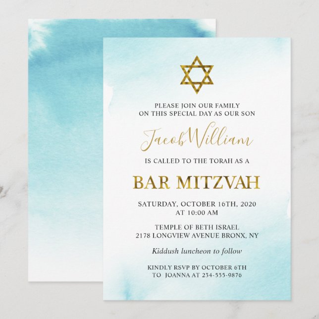 Aquarelle Pastel Blue Gold Bar Mitzvah Invitation (Devant / Derrière)