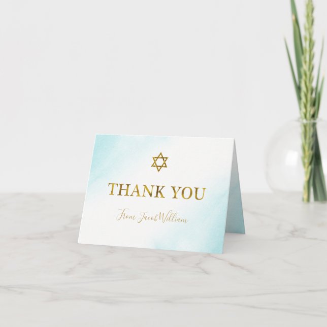 Aquarelle Pastel Blue Gold Bar Mitzvah Merci (Devant)