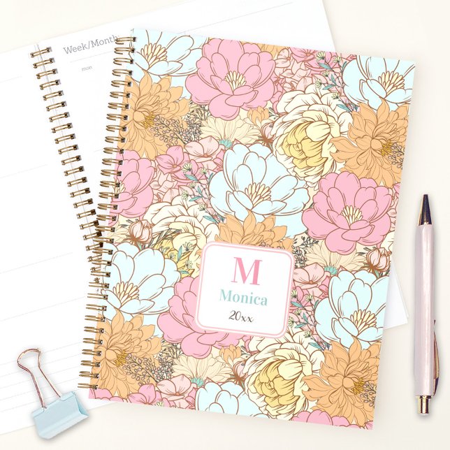 Aquarelle Pastel Floral Rose couleur Monogramme (Watercolor Pastel Floral Pink Colorful Monogram Planner)