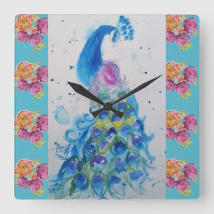 Aquarelle Peacock Blue Bird Aqua Rose Horloge