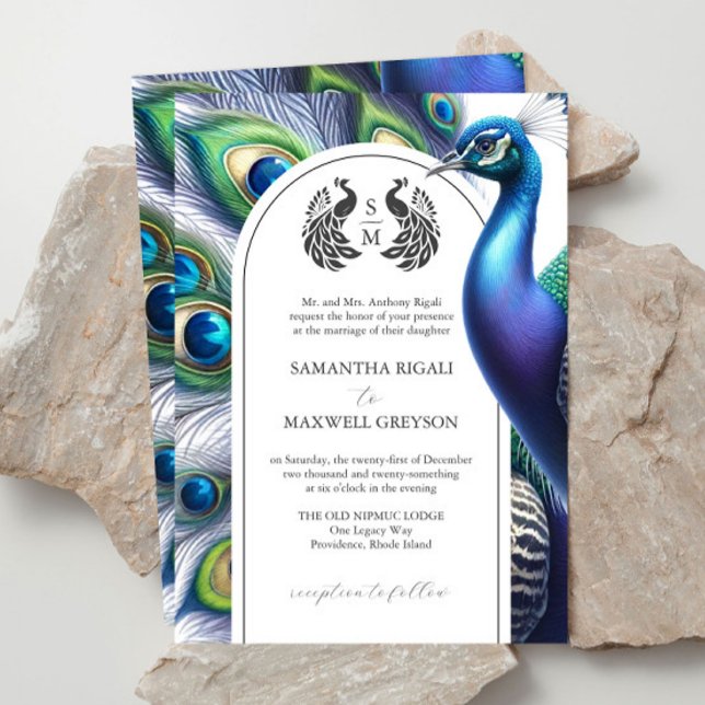 Aquarelle Peacock Formal Wedding Invitations (Fairytale wedding invitations watercolor peacock and monogram on Zazzle by Victoria Grigaliunas)