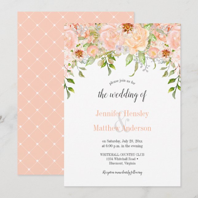 Aquarelle Pêche Rose Faire-part de mariage Floral (Devant / Derrière)