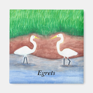 Aquarelle Peinture Deux Aigrettes Blancs Aimant