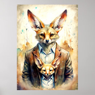 Aquarelle Peinture humaine avec Fox Face Poster