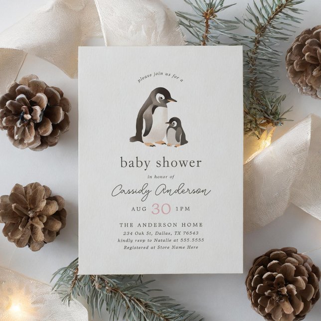 Aquarelle Penguin Girl Baby shower Invitation (Créateur téléchargé)