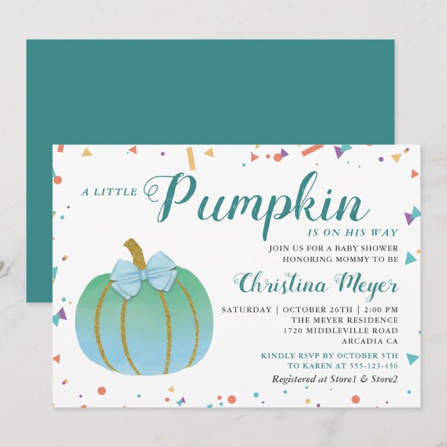 Aquarelle Petit Baby shower Citrouille Invitation (Devant / Derrière)