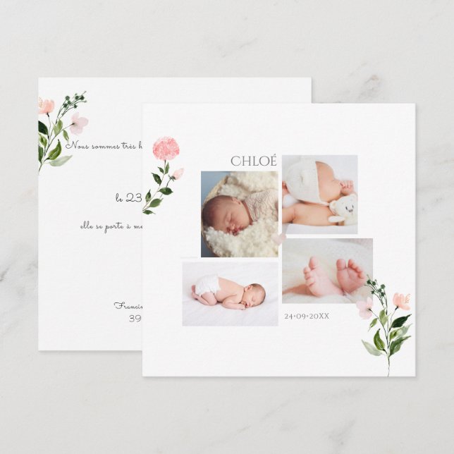 Aquarelle petites fleurs Faire part de Naissance Einladung (Vorne/Hinten)