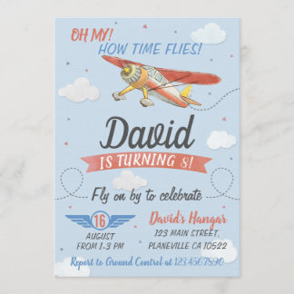 Aquarelle pilote et avion Invitation d'anniversair