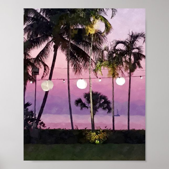 Aquarelle Pink Palm Tropical Beach Sunset Poster (Devant)