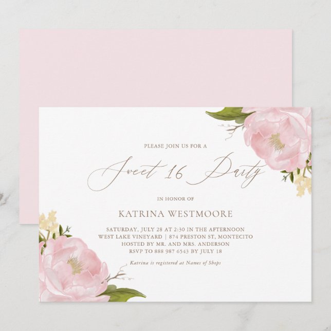 Aquarelle Pink Peonies Sweet sixteen Invitation (Devant / Derrière)