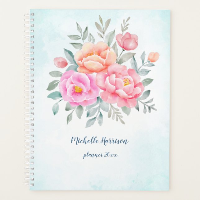 Aquarelle pivoines Rose rose Turquoise Floral (Devant)
