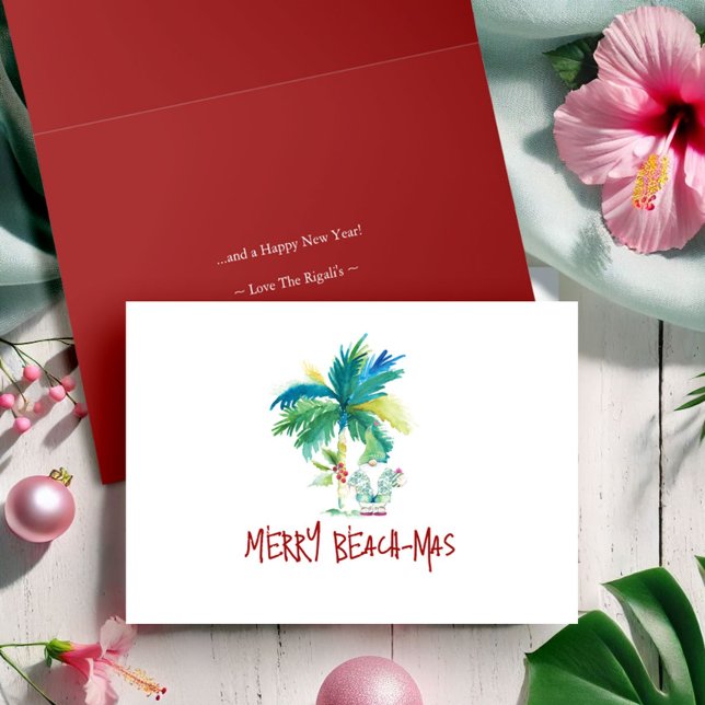 Aquarelle Plage tropicale Plage pliée Cartes de No (Tropical beach folded Christmas cards palm tree and Santa art Victoria Grigaliunas beachmas)