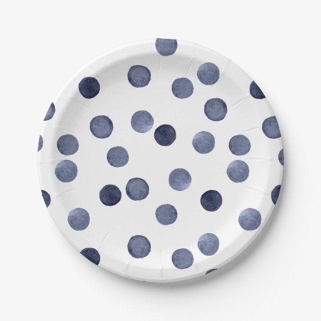Aquarelle. Point de polka bleu. Assiette en Papier (Devant)