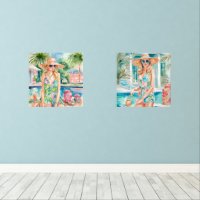 Aquarelle Preppy Palm Beach Girls à la piscine