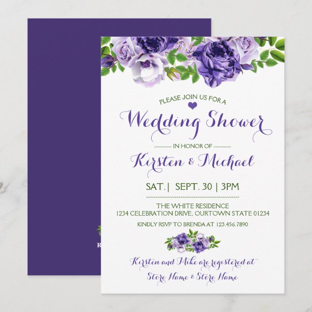 Aquarelle Purp Floral | Invitation Wedding shower (Devant / Derrière)