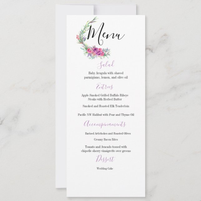 Aquarelle Purple Floral Élégant Menu Mariage (Devant)
