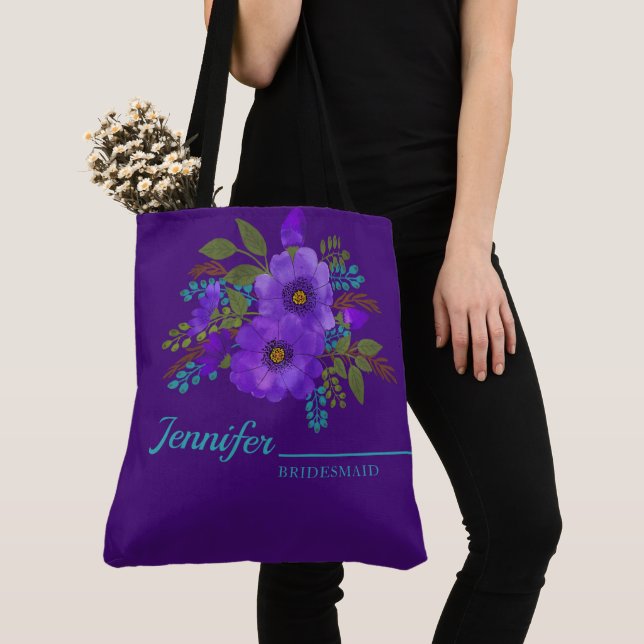 Aquarelle Purple Floral Sac fourre-tout Monogramme (De près)