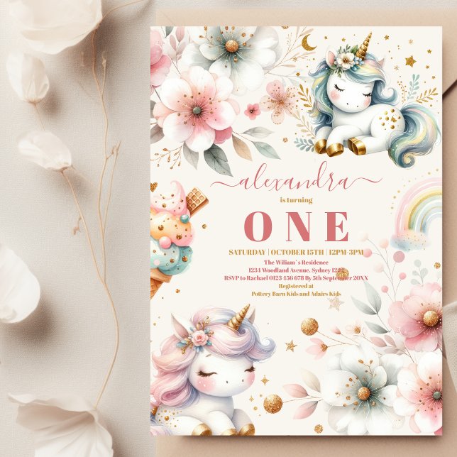 Aquarelle Rainbow Unicorn Invitation 1er anniversa (Créateur téléchargé)